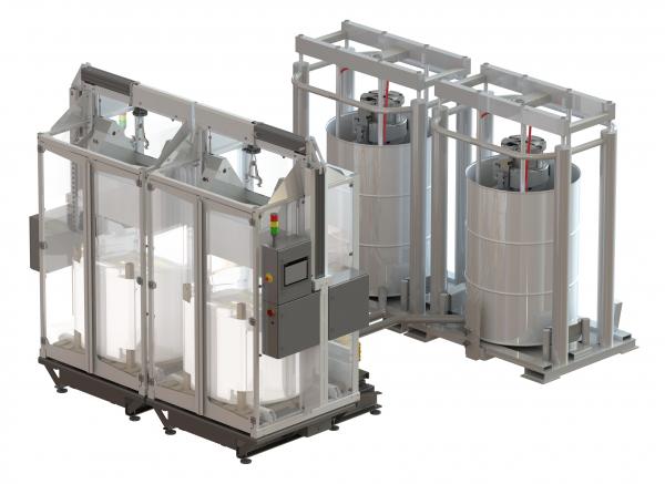 Fluid Bag Automotive Brownfield, contenedores Fluid-Bag y rodillos de descarga conectados a contenedores de acero